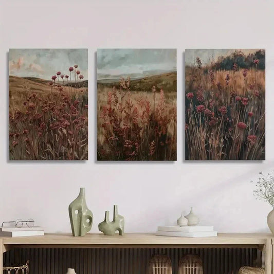 3pcs ,Deep Red Painting Adorned with Wildflowers Metal Print Ready to Hang Art