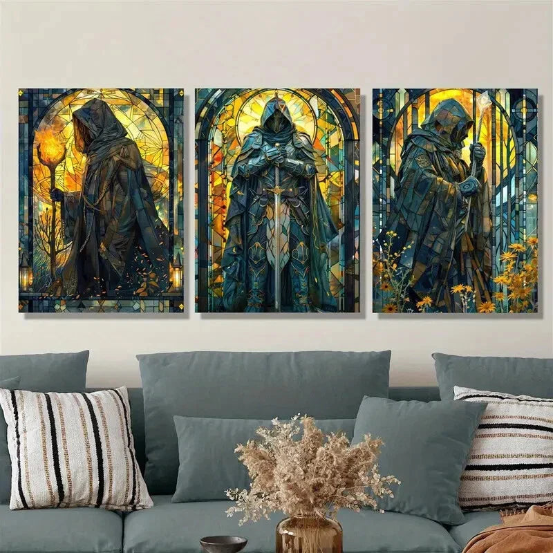 3pcs ,Fantasy Paladin Warrior Fantasy Stained Metal Print Ready to Hang Art