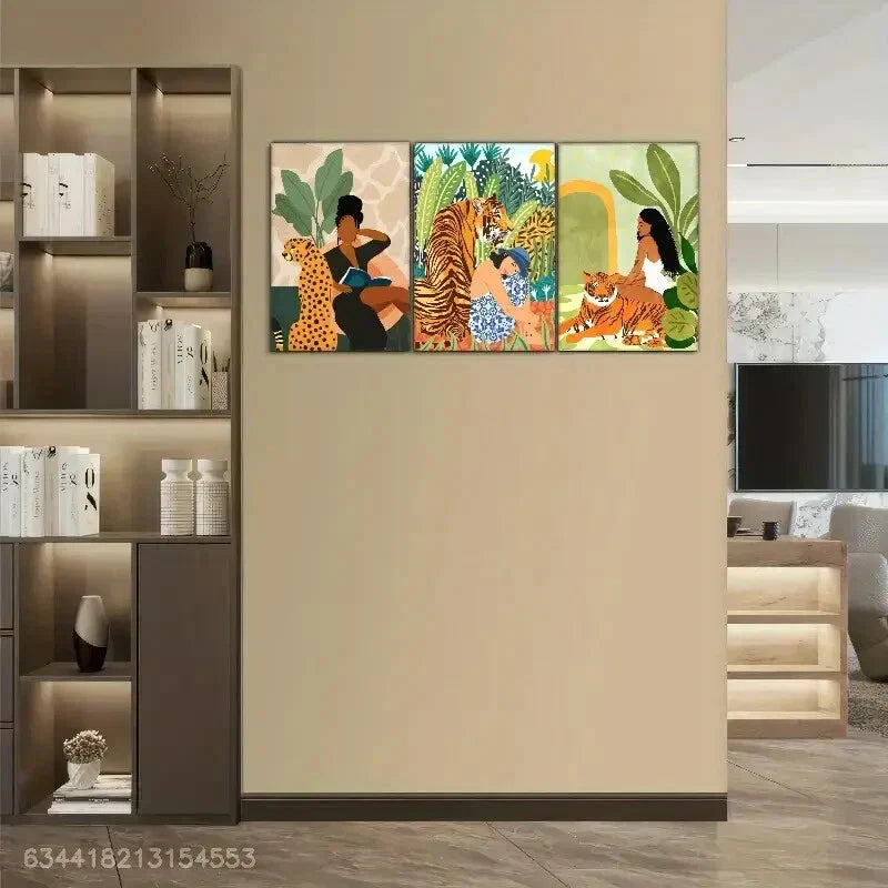 3pcs Cheetah Tiger And Beauty Decorative Metal Print Ready to Hang Art