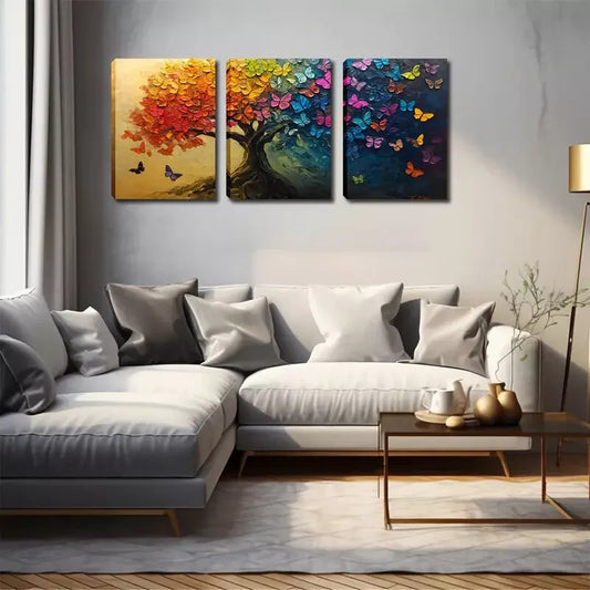 3pcs Beautiful Trees, Colorful Butterflies Wall Art Set Canvas Framed 40x60cm - High Quality Print 100% Australian Made Wall Canvas Ready to Hang