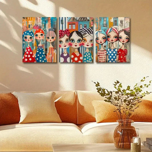 3pcs Colorful Playful Dolls with Accessories Metal Print Ready to Hang Art