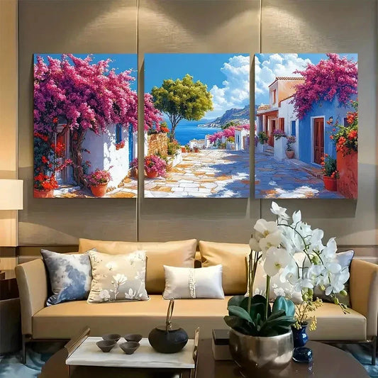 3pcs Sunny Mykonos Charm with Bougainvillea Metal Print Ready to Hang Art