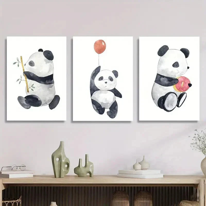 3pcs Adorable Cartoon Panda with Bamboo, Balloon Metal Print Ready to Hang Art