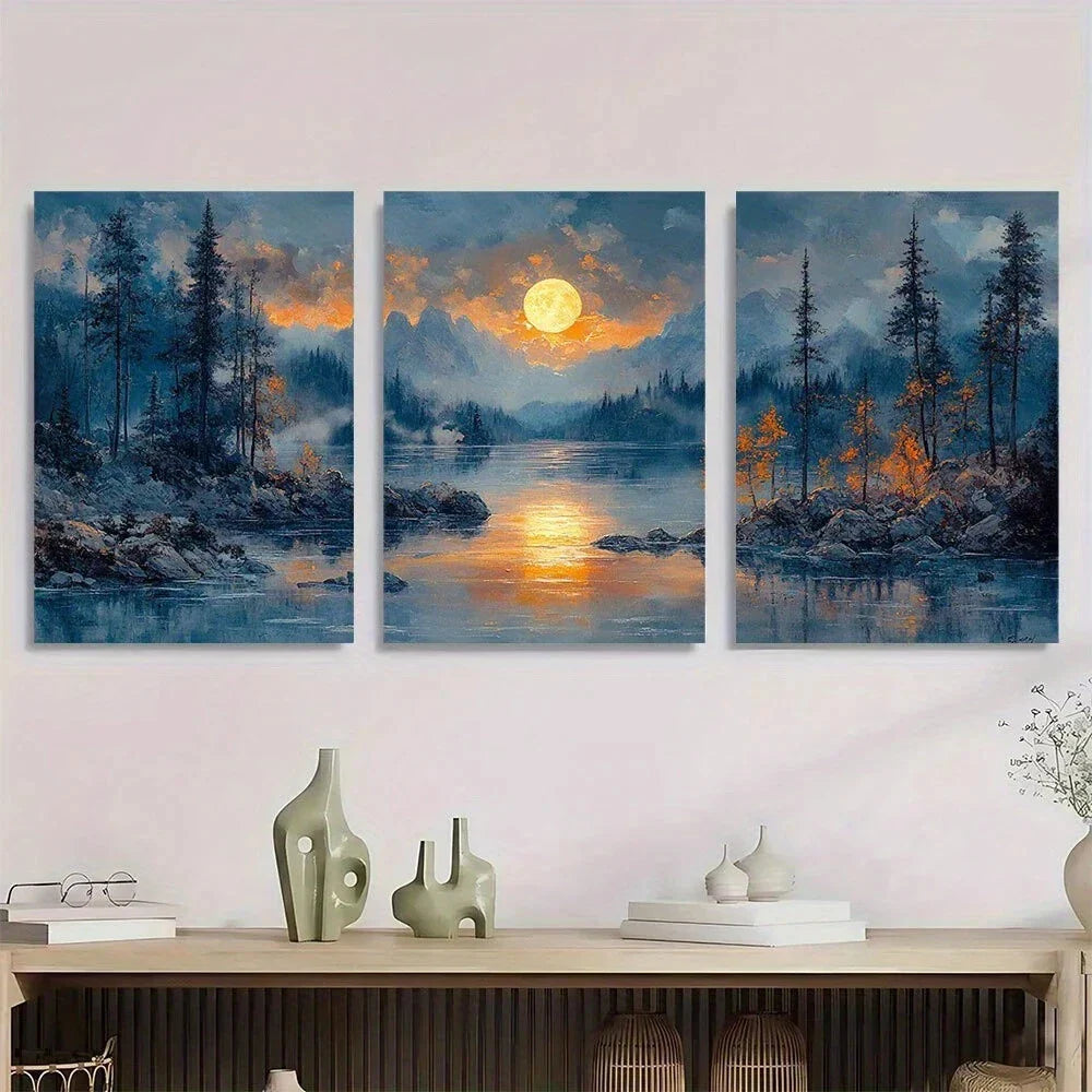 3pcs Serene Moonlight Oil Painting Metal Print Ready to Hang Art