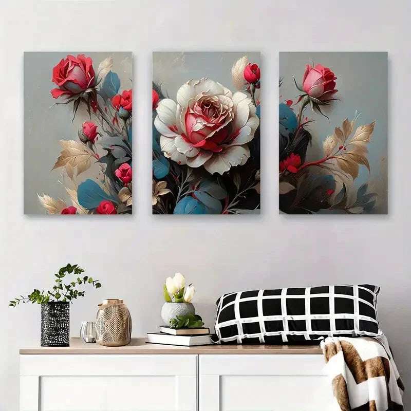 3pcs Elegant Abstract Rose Floral Metal Print Ready to Hang Art