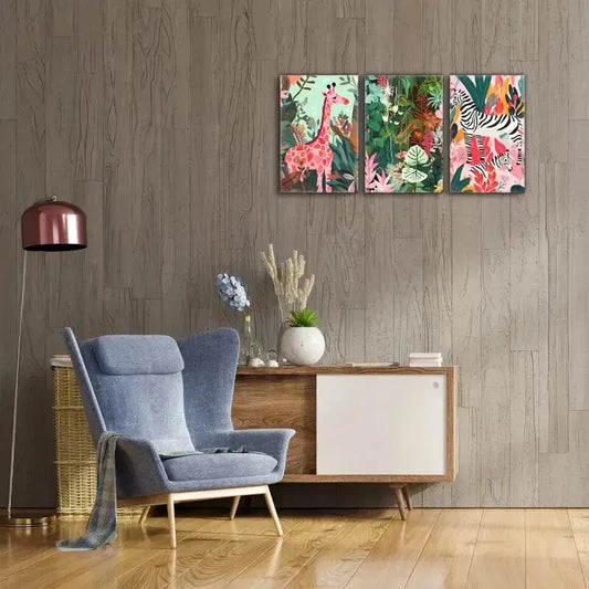3pcs Giraffe zebra Animals in the Forest Metal Print Ready to Hang Art