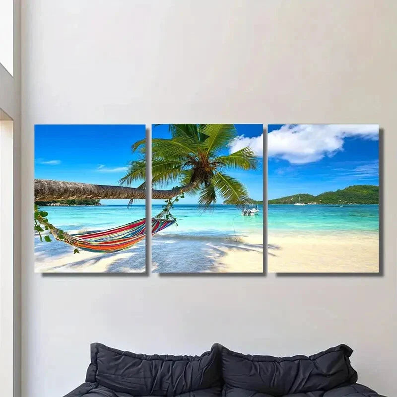 3pcs Vibrant Ocean View with Palm Tree & Hammock Metal Print Ready to Hang Art