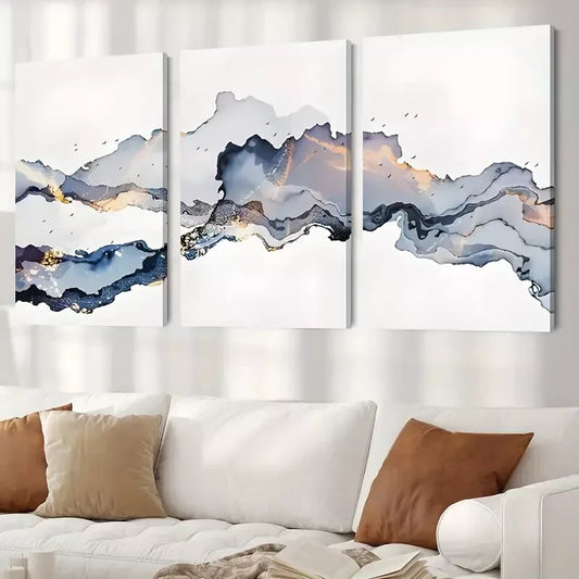 3pcs Blue Gold Smoke Wave Canvas Framed 40x60cm - High Quality Print 100% Australian Made Wall Canvas Ready to Hang