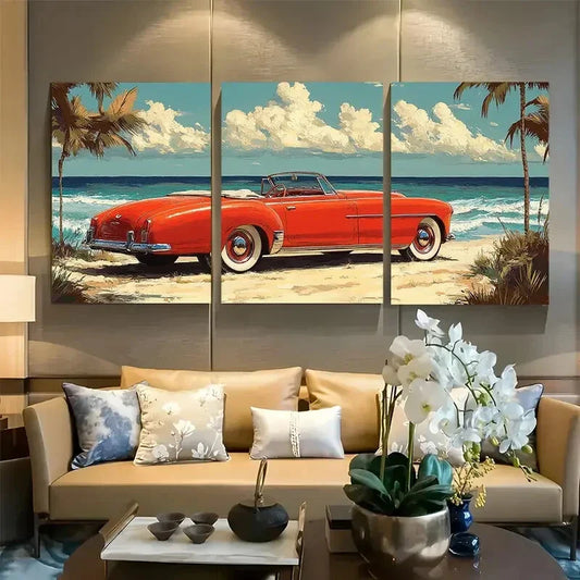 3pcs Retro Convertible on Beach Metal Print Ready to Hang Art