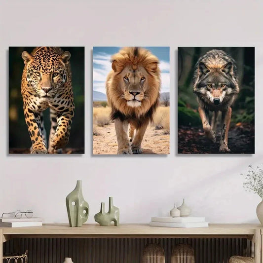 3pcs Including a Jaguar Lion And Brazilian Wolf Metal Print Ready to Hang Art