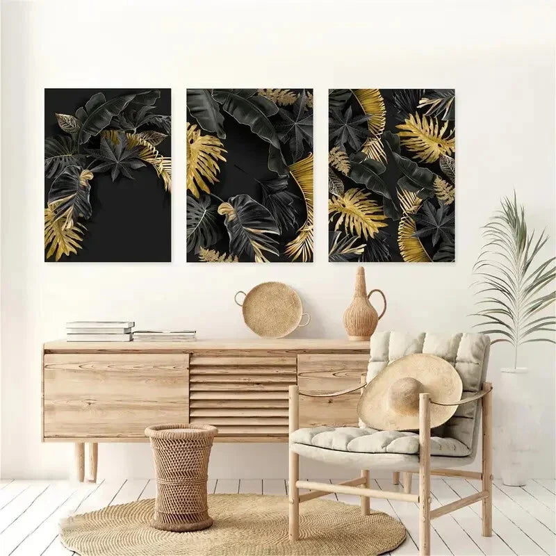 3pcs Golden Tropical Botanical Metal Print Ready to Hang Art