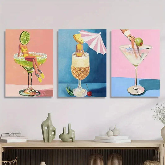 3pcs woman in wine glass, Metal Print Ready to Hang Art