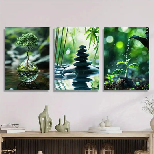 3pcs A Tree in a Water Ball, Bamboo Metal Print Ready to Hang Art