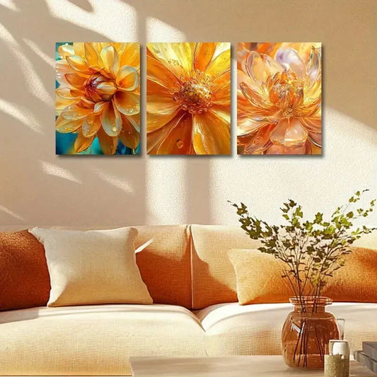 3pcs Golden Flower with Water Drops Metal Print Ready to Hang Art