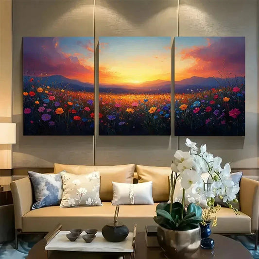 3pcs Impressionist Sunset Wildflower Meadow Metal Print Ready to Hang Art