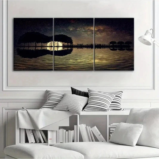 3pcs Starry Sky & Full Moon Night Design,Metal Print Ready to Hang Art