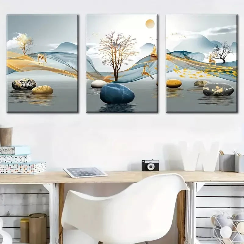 3pcs Simple elk light abstract geometric Wall Art Set Canvas Framed 40x60cm - High Quality Print 100% Australian Made Wall Canvas Ready to Hang