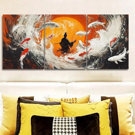 3pcs Fisherman, Koi Wall Art Set Canvas Framed 40x60cm - High Quality Print 100% Australian Made Wall Canvas Ready to Hang