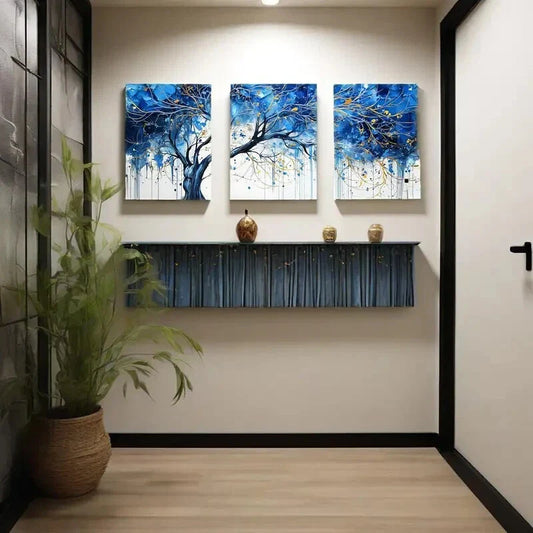 3pcs Prints with Vibrant Blue & White Design Metal Print Ready to Hang Art