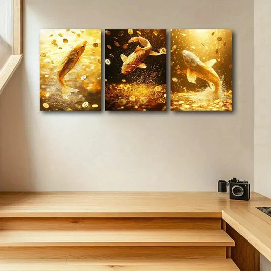 3pcs A Golden Carp Metal Print Ready to Hang Art