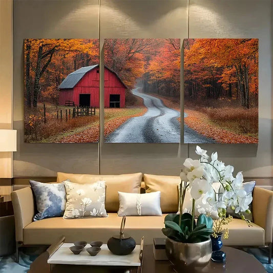 3pcs Rustic Red Barn Country Road and Trees Metal Print Ready to Hang Art