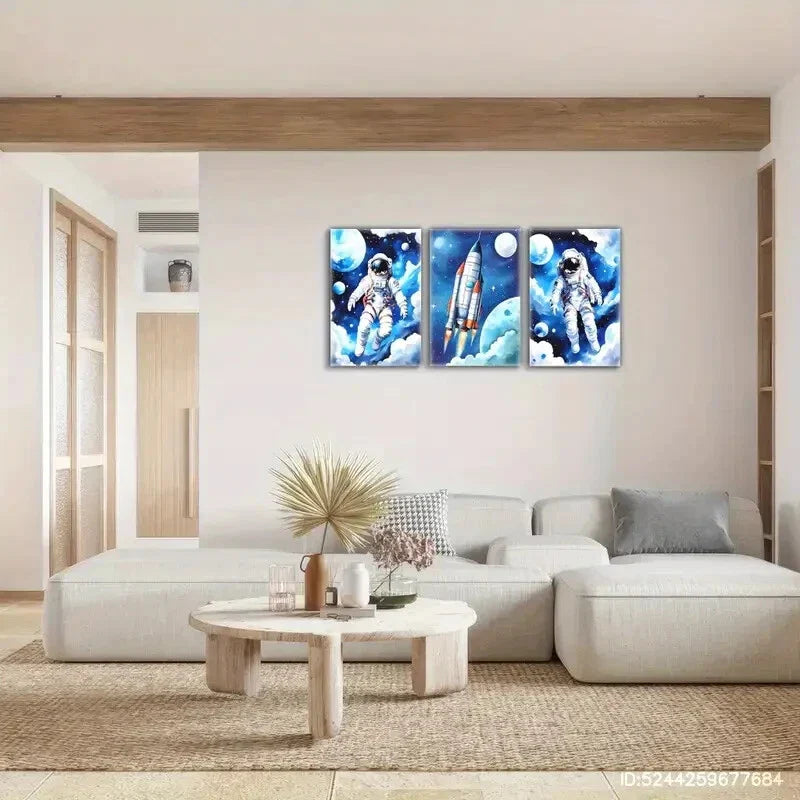 3pcs Space Exploration Astronaut & Rocket Prints Metal Print Ready to Hang Art
