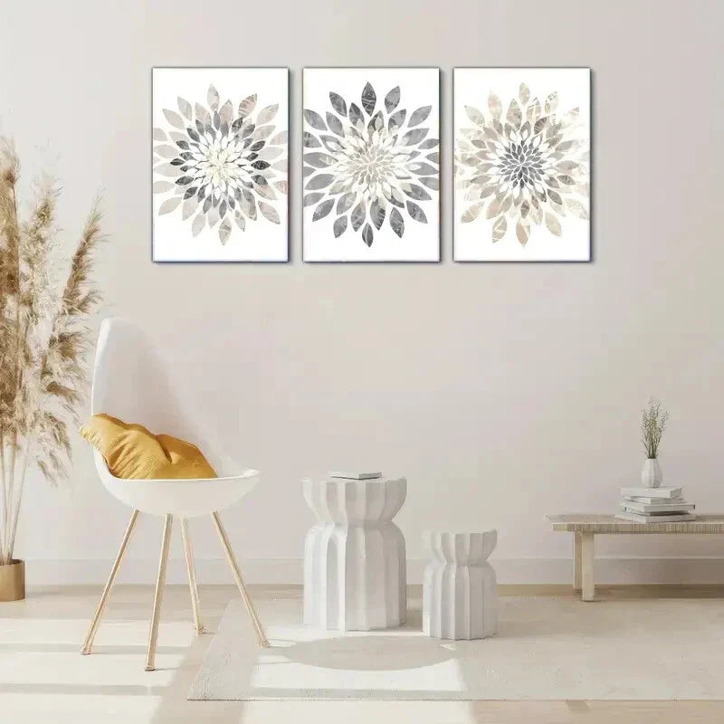 3pcs Modern Abstract Flower Designs in Black White Metal Print Ready to Hang Art