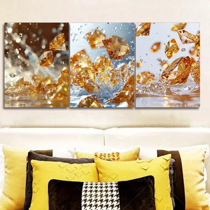 3pcs Yellow Diamonds Crystals Wall Art Set Canvas Framed 40x60cm - High Quality Print 100% Australian Made Wall Canvas Ready to Hang