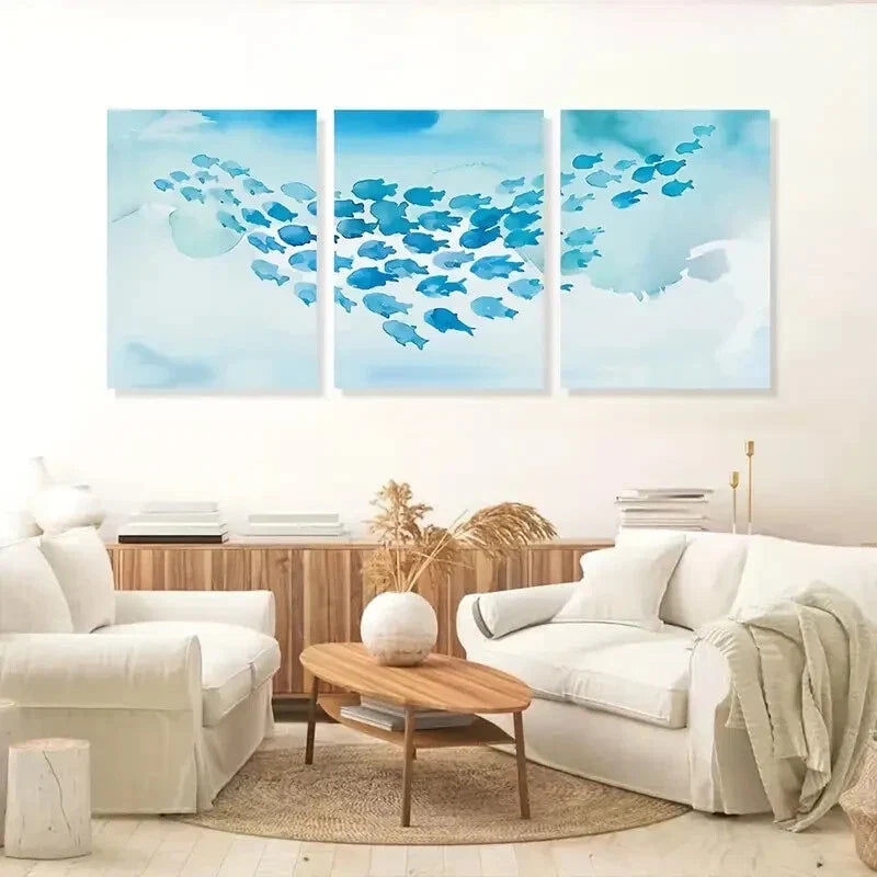 3pcs Blue Minnows School Swimming Abstract Animal Metal Print Ready to Hang Art