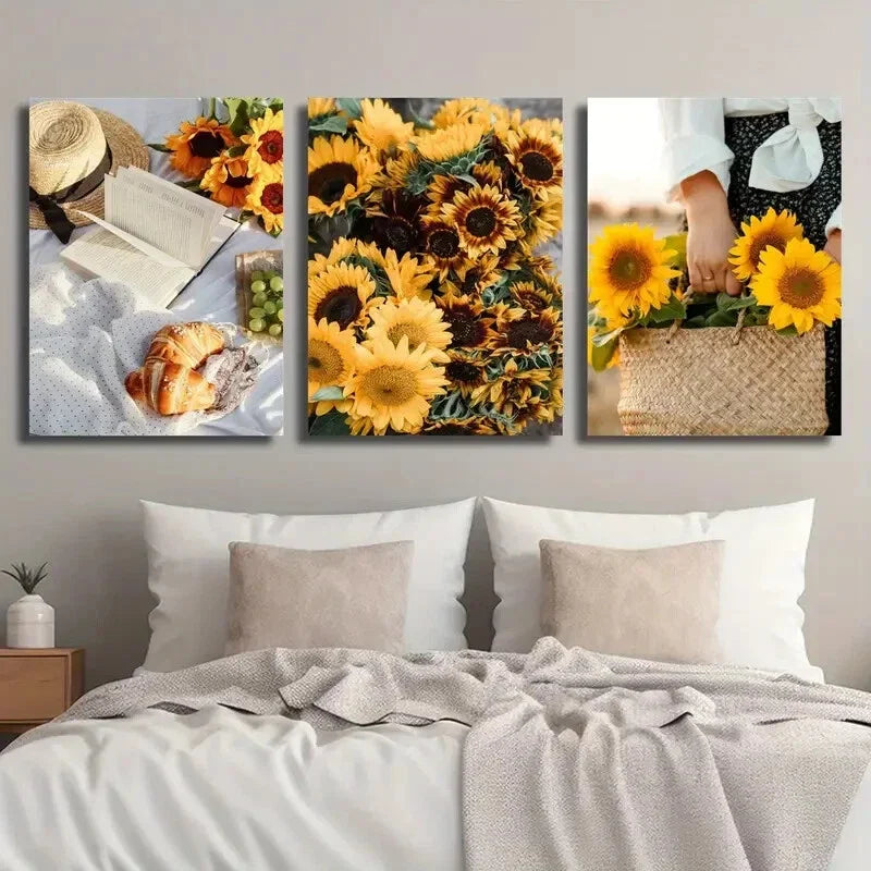 3pcs White Picnic Mat Vibrant Sunflowers Metal Print Ready to Hang Art