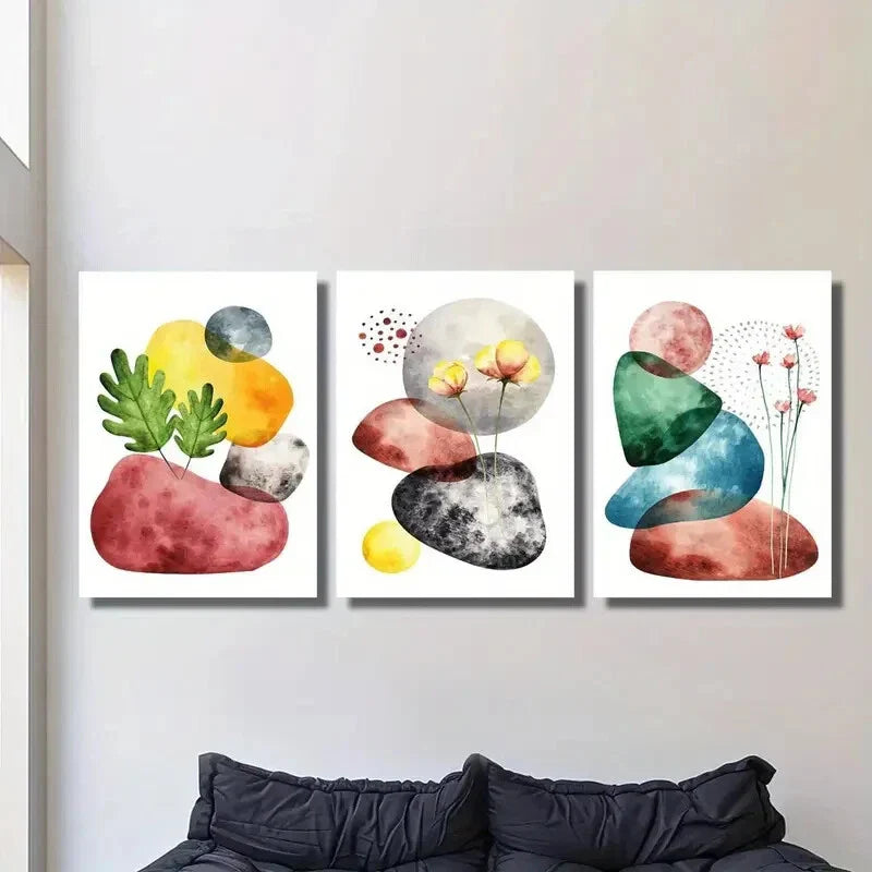 3pcs colorful geometric stones and botanical flower Metal Print Ready to Hang Art