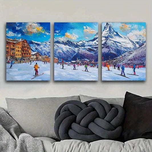 3pcs Winter Ski Resort Scene, Metal Print Ready to Hang Art