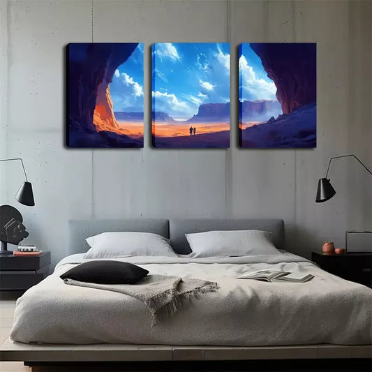 3pcs Small Human Under The Mountain, Attractive Wall Art Set Canvas Framed 40x60cm - High Quality Print 100% Australian Made Wall Canvas Ready to Hang