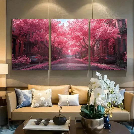 3pcs Vibrant Pink Trees & Cobblestone Pathway Metal Print Ready to Hang Art