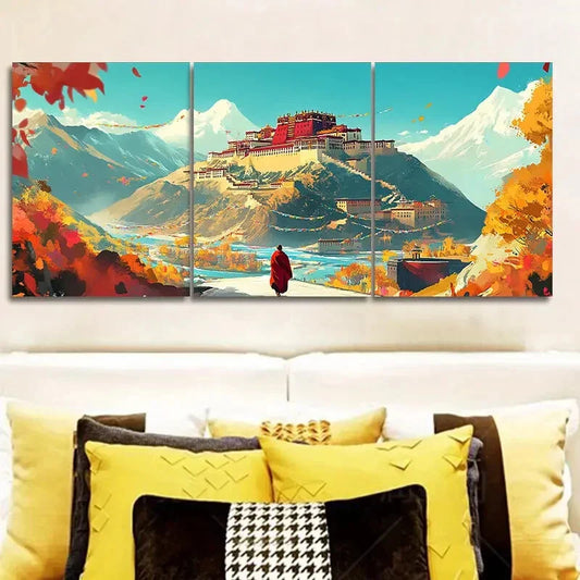 3pcs Potala Palace Autumn Landscape Wall Art Set Canvas Framed 40x60cm - High Quality Print 100% Australian Made Wall Canvas Ready to Hang