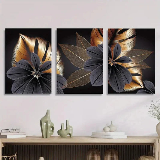 3pcs Golden Leaf Monstera Black Gold Plant Metal Leaves Print Ready to Hang Art