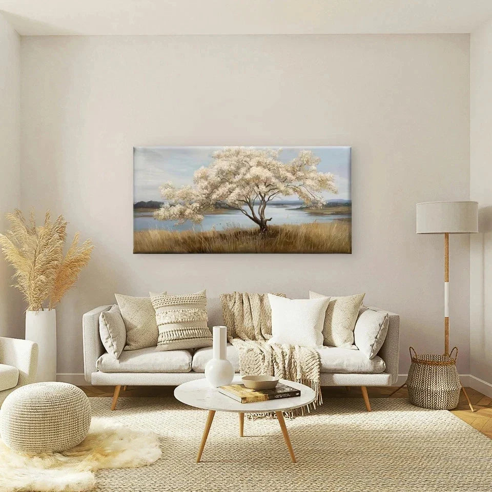 Elegant White Blossoms Tree Wall Art Canvas Office Home Room Framed 80x45cm