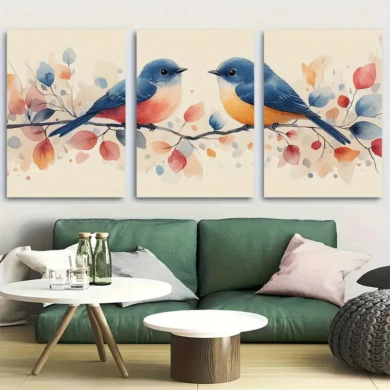 3pcs Whimsy Birds on Branches Design Metal Print Ready to Hang Art