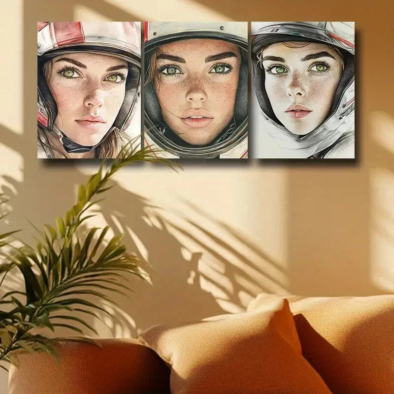 3pcs The Woman in the Helmet Design Metal Print Ready to Hang Art