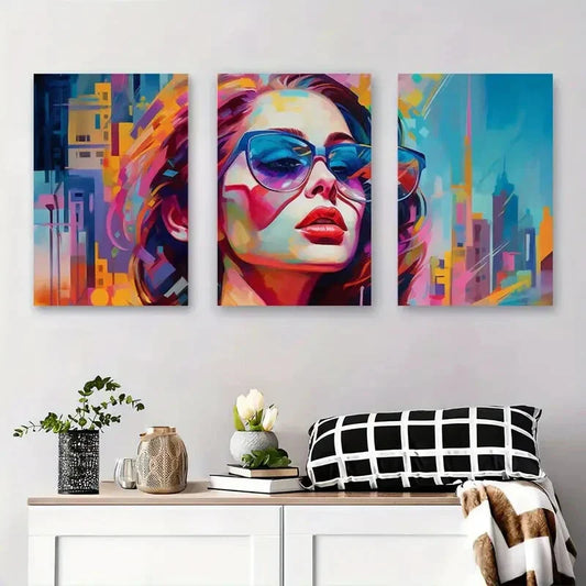 3pcs Colorful Abstract Woman with Glasses Metal Print Ready to Hang Art