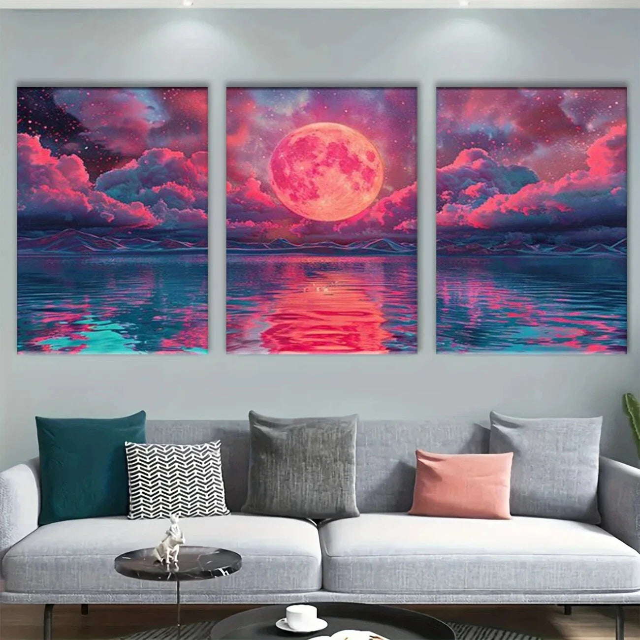 3pcs Abstract Stunning Pink Moon Metal Print Ready to Hang Art