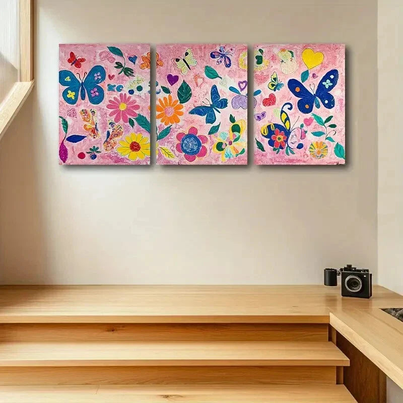 3pcs Vibrant Butterfly & Floral Design Metal Print Ready to Hang Art