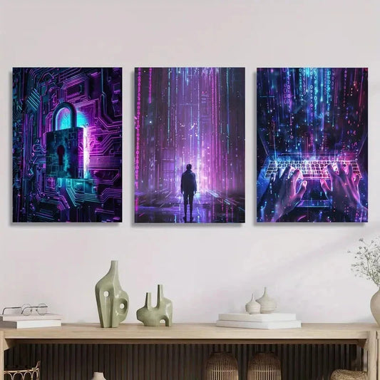 3pcs Computer digital world, program Metal Print Ready to Hang Art