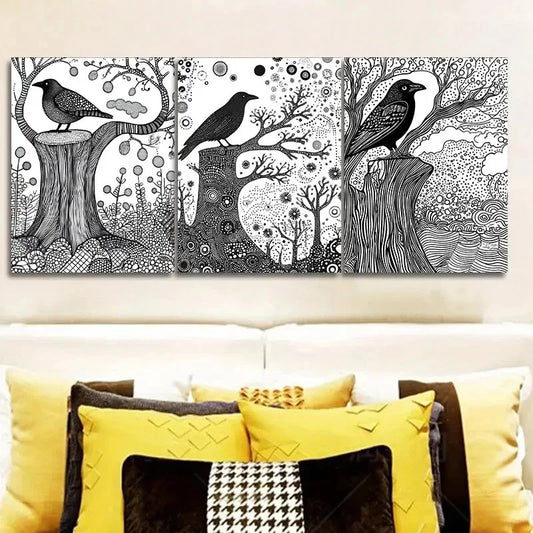 3pcs Black & White Nature Scene Intricate Tree Wall Art Set Canvas Framed 40x60cm - High Quality Print 100% Australian Made Wall Canvas Ready to Hang