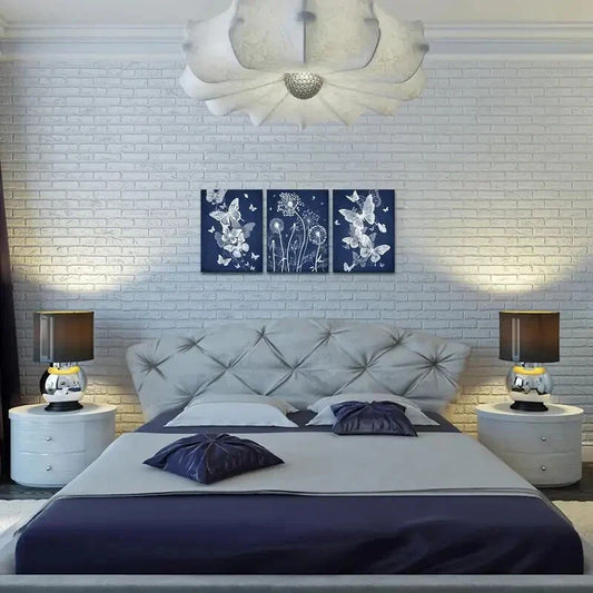 3pcs Blue Butterfly & Dandelion , Navy Blue Metal Print Ready to Hang Art