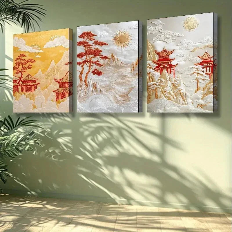3pcs Chinese Traditional Pavilion Wall Art Set Canvas Framed 40x60cm -High Quality Print 100% Australian Made Wall Canvas Ready to Hang