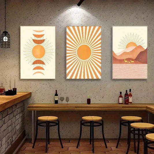 3pcs Landscape Sun Mountains And Deer Poster Art Metal Print Ready to Hang Art