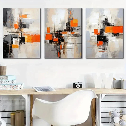 3pcs Abstract Orange Block Geometric Lines Metal Print Ready to Hang Art