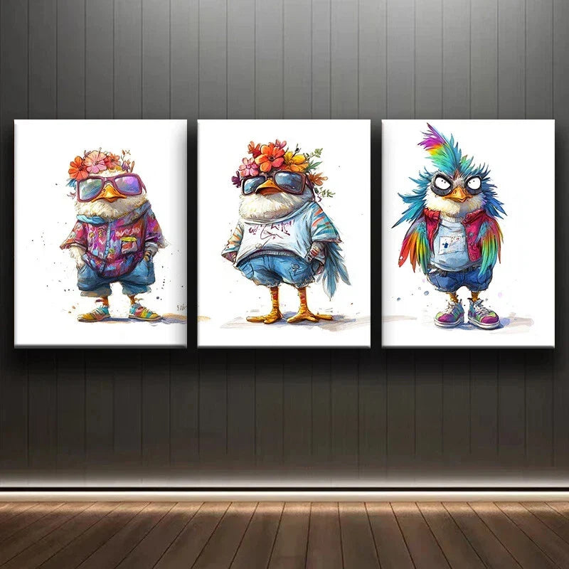 3pcs Modern Fantasy Bird Wearing Dress & Glasses Metal Print Ready to Hang Art
