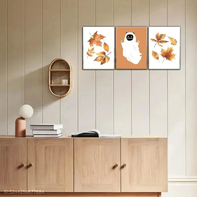 3pcs Fashionable Space Elegant Accent Golden Leave Metal Print Ready to Hang Art